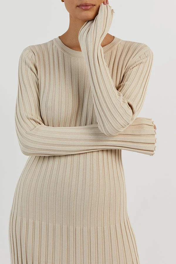 ARELLE - CREW NECK SLEEVED KNIT MIDI DRESS